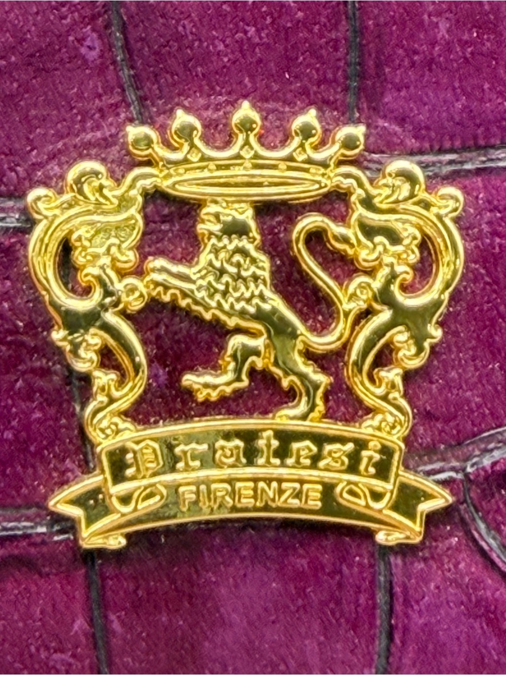 Pratesi Firenze Croc-Embossed Plum Cosmetic Case with Gold Crest Accent - Picture 5 of 8